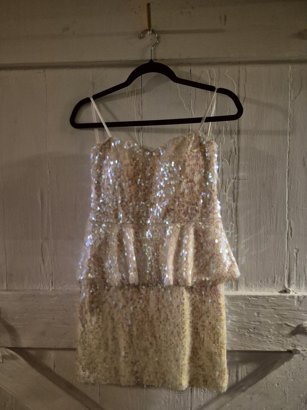 Deb Size Medium Vintage Iridescent White Sequin Peplum Strapless Mini Dress